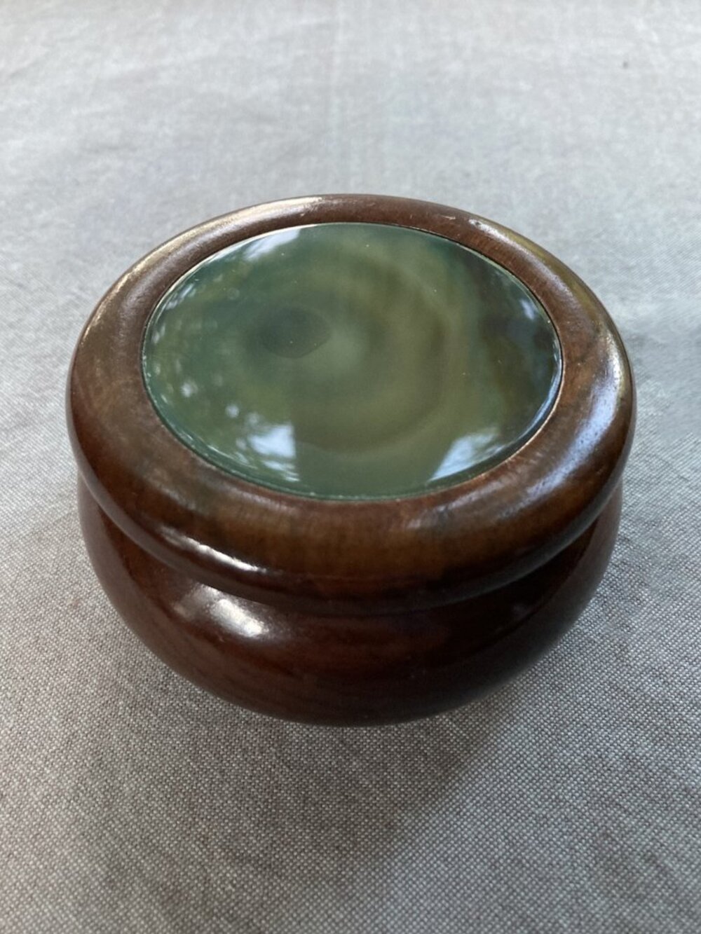 Vintage Brazilian Hardwood Trinket Box Agate Stone Inlay Felt Lined Round Box